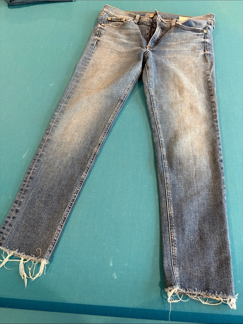 rag & bone women’s Straight-Leg Washed Blue Jeans with Frayed Hem